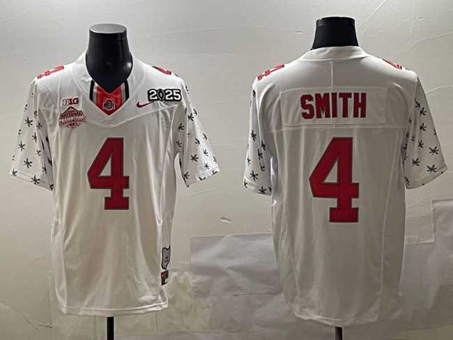 Mens Ohio State Buckeyes #4 Jeremiah Smith White 2025 CFP Final With National Champions Patch F.U.S.E. Vapor Limited Stitched Jersey